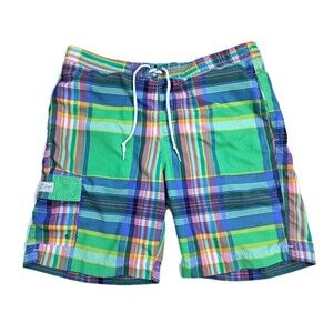 Chaps Mens Shorts Large Plaid Green Yellow Swim Trunks Boardshorts Mesh Lined